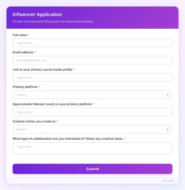 Influencer Application preview