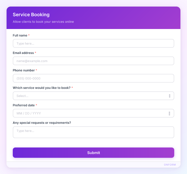 Service Booking preview