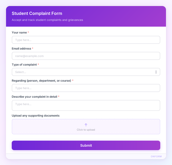 Student Complaint Form preview
