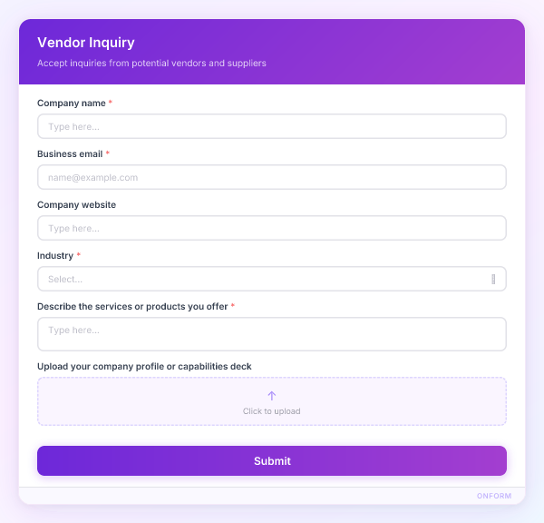 Vendor Inquiry preview